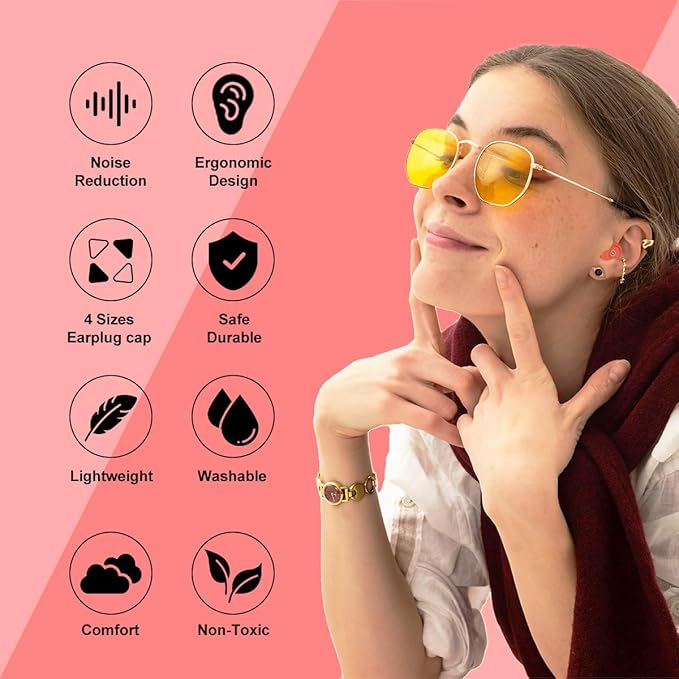 Ear Plugs for Sleeping Reusable Earplugs for Concerts Noise Cancelling Soft Silicone Noise Reduction Earbuds for Travel, Focus, Work 33-45dB Hearing Protection with 9 Ear Tips & Case(Red)