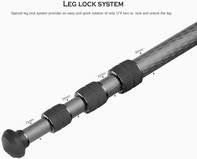 Leofoto 58" Lightweight Carbon Fiber Travel Tripod, Professional Compact Tripod for Camera DSLR Video, Max Load 55Lbs/25KG (LS-364CX)