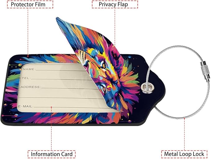Rainbow Lion Head 2 Pack Luggage Tag for Suitcase, Leather Bag Tags Identifiers Privacy Cover ID Label with Steel Loop for Women Men Kids Girls Travel