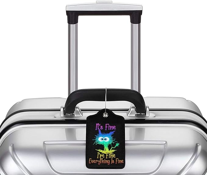 2 Pack Luggage Tags for suitcases Cute Funny I'm Fine It's Fine Color Luggage Tag, Leather Stainless Steel Loop Label Tag for Men Women Travel Bag Suitcase（Black Laser）