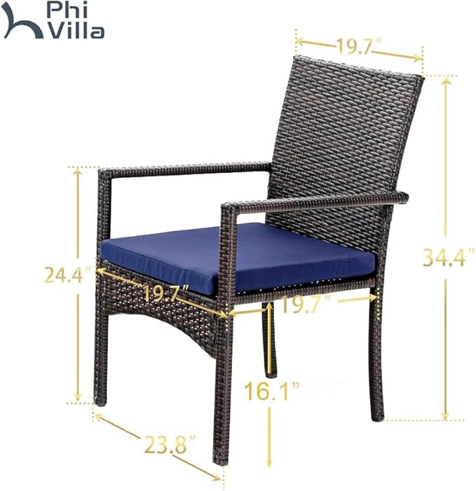 PHI VILLA 4 Pieces Patio Cushioned Rattan Chairs, Outdoor Modern PE Wicker Dining Armchair with Removable Cushions for Deck, Yard, Porch