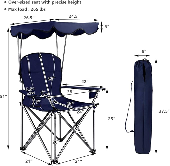 S AFSTAR Safstar Folding Camping Chair with Canopy, Portable Lawn Beach Canopy Chair with Cup Holder & Carry Bag, Load Bearing Up to 265LBS, Folding Chair for Outside Outdoor Travel Hiking Fishing