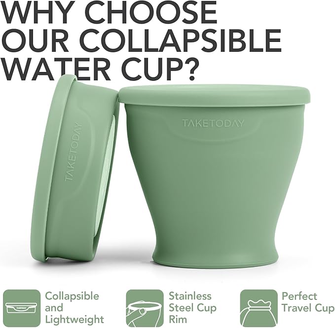 TakeToday Collapsible Travel Cup - Silicone Foldable Water Cup, BPA-Free with Lid & Waterproof Bag - Drinking Cup Set for Office, Camping & International Travel（8 Oz, Green）