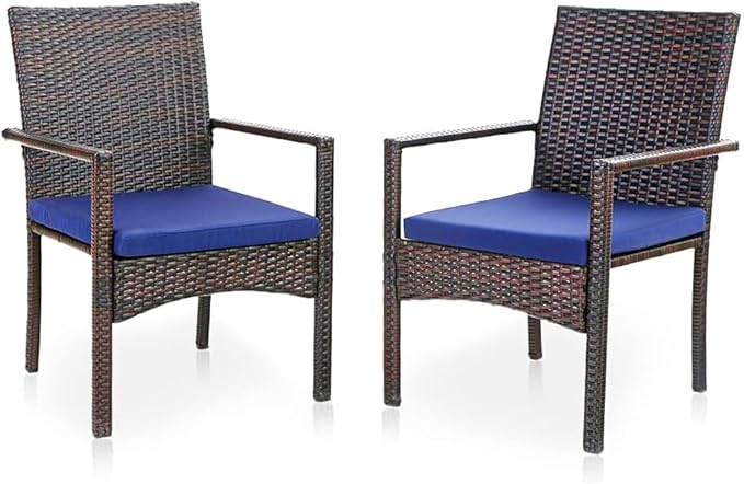 PHI VILLA Patio Wicker Chair Set of 2, Outdoor Modern PE Rattan Armchair with Removable Cushions for Deck, Porch, Balcony