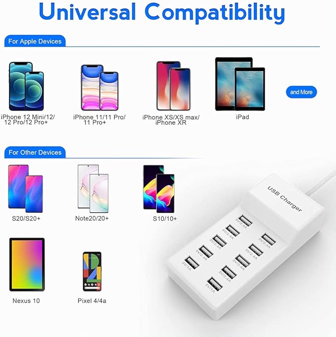 10-Port USB Wall Charger Station with Rapid Charging Auto Detect Technology Safety Guaranteed Family-Sized USB Ports for Multiple Devices Smart Phone Tablet Laptop Computer