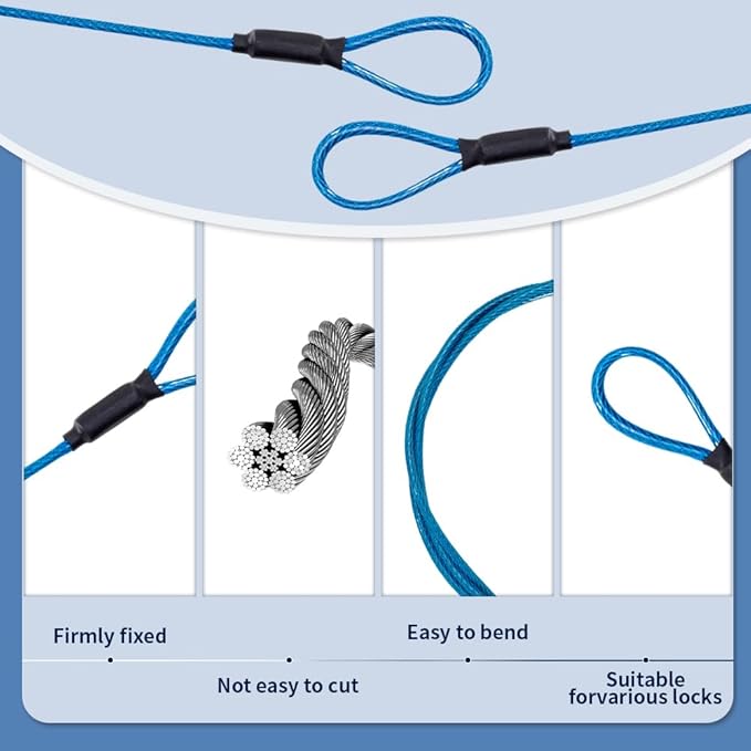 3.3mm (1/8 Inch) Outdoor Travel Stainless Steel Security Cable-15ft Luggage Lock Safety Wire Flexible Steel Wire Rope with Double Loop Safety for Luggage, Bike, Lock (Blue, 15ft-(1Pack)