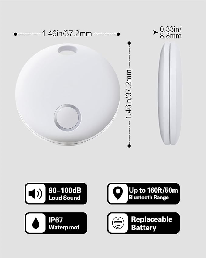 Reyke Smart Tag, Bluetooth Luggage Tracker, Works with Apple Find My (iOS Only), Item Locator for Key, Luggage, Backpack, Wallet, IP67 Waterproof, 4 Pack White