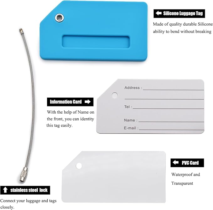 6 Pack Silicone Luggage Tag for Suitcases with Stainless Loop, Privacy Protection Travel Bag Tags Perfect to Quickly Spot Baggage Handbag (Blue)