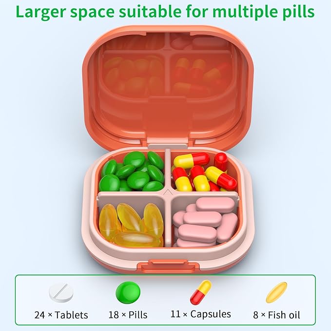 Daily Pill Organizer 4 Compartments, Small Pill Box Portable Travel Pill Case, Mini Pill Container for Purse Pocket, Compact Travel Medicine Organizer for Vitamin, Cod Liver Oil, Supplement (Blue)