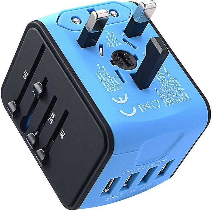 International Travel Adapter Universal Power Adapter Worldwide All in One 4 USB-A Ports Perfect for European US, EU, UK, AU 200+ Countries (Blue)