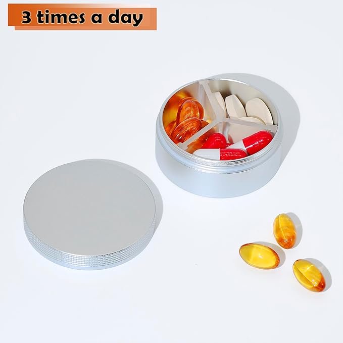 Small Pill Case 3 Compartments, Metal Round Portable Pill Box, Waterproof Travel Pill Organizer, Pocket Purse Medicine Vitamin Holder EDC Container (Silver)
