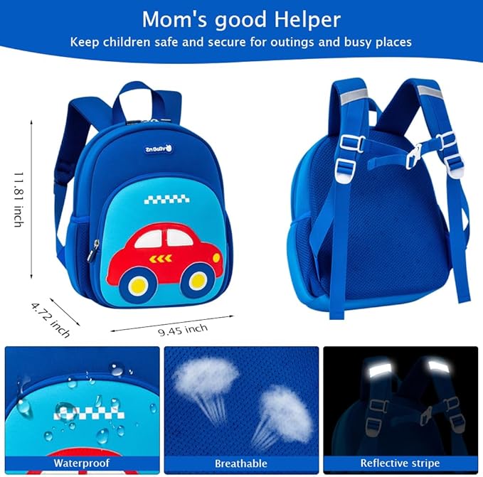 Padgene Toddler Harness Backpacks Safety Leash Kids Anti Lost Kindergarten Preschool Backpack Neoprene Lightweight Animal Schoolbag 3D Cartoon Car Mini Travel Bag for Boys Girls Ages 3-5
