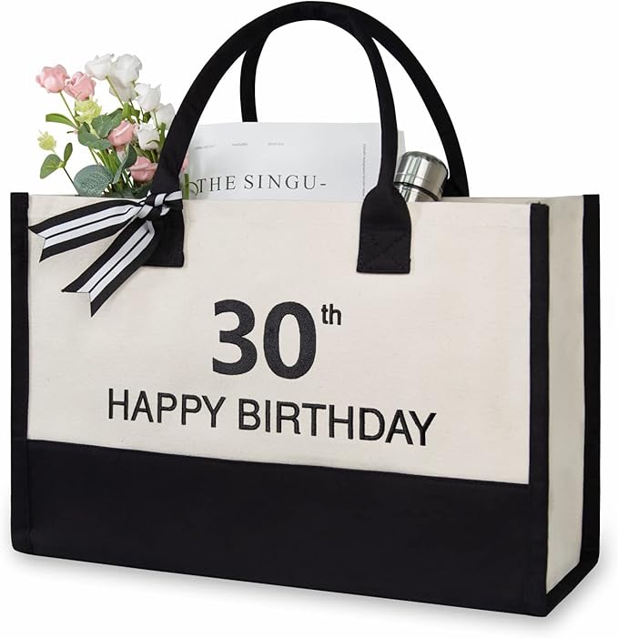 TOPDesign Embroidery Canvas Tote Bag for Women, 30th Birthday Gifts for Her, Wife, Mom, Sister, Daughter, Aunt, Best Friend, Coworker, Turning 30 Years Old Present, Personalized Bag for Beach, Holiday