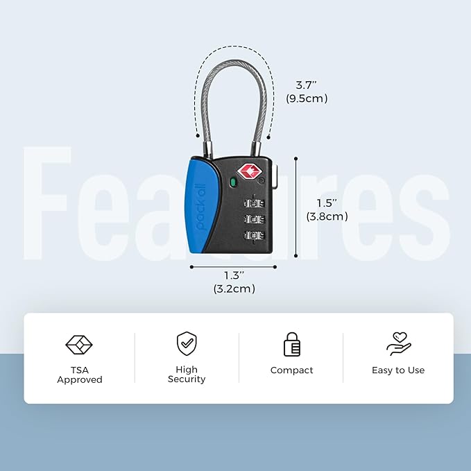 pack all TSA Approved Cable Luggage Locks, 3 Digit Combination Padlocks, Travel Lock for Suitcases & Bag, Alloy Body, Travel Accessories (1 Pack)（Navy）