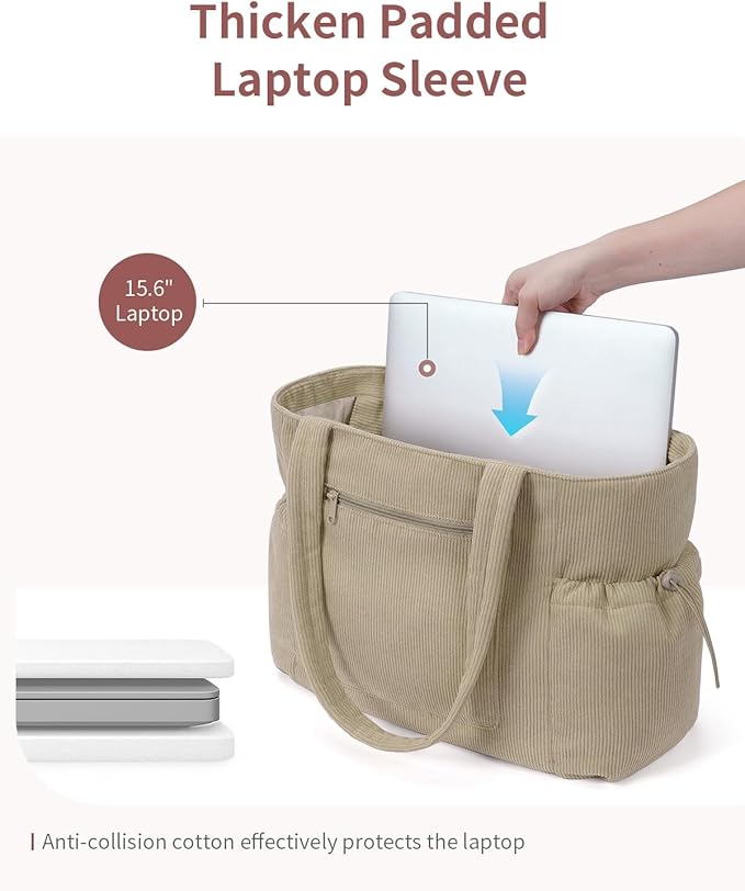 ECOHUB Tote Bag for Women, Work Tote Bags with Laptop Compartment, Large Corduroy Tote Bag with Stanley Cup Holder