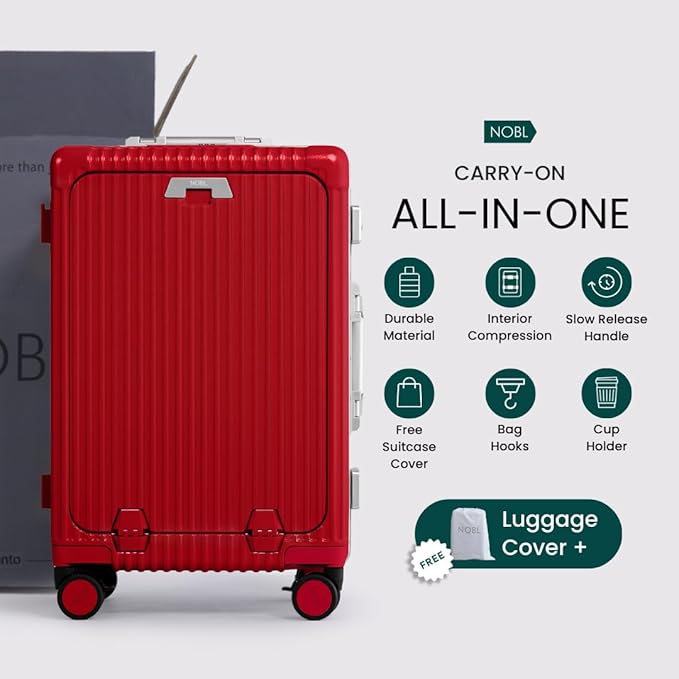 Nobl Travel Carry On Luggage, Noble Zipperless Aluminum Frame PC Hard Shell Suitcase, 20.8"x15"x8.7" Airline Approved, 360° Spinner Wheels, TSA Locks, USB Charging Port, Cup & Phone Holder - Red