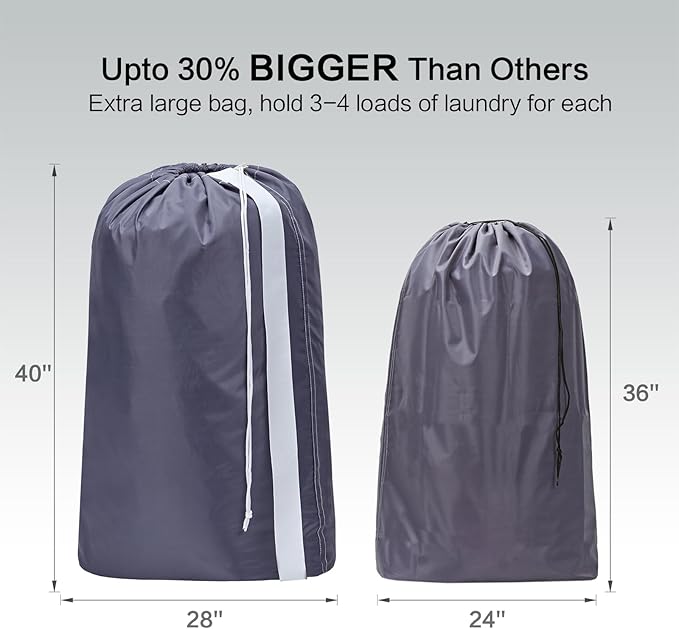 HOMEST 2 Pack XL Nylon Laundry Bag with Strap, Large Dirty Garments Organizer, Easy Fit a Hamper or Clothing Basket, Can Carry Up to 4 Loads of Clothes, Grey and Sky Blue