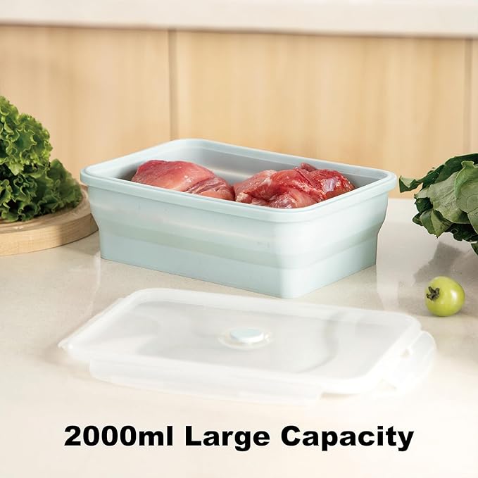 Extra Large Collapsible Silicone Food Storage Containers With Lids, 2 Pack 2000ml, XXL Foldable Bento Lunch Box, Big Meal Boxes for Kitchen, Camping, Dishwasher, Microwave, Freezer Safe