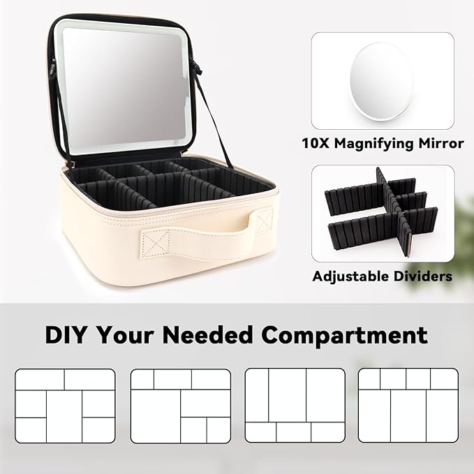 Travel Makeup Bag with LED Mirror and 10x magnifying glass with 3 Lighted Settings, Adjustable Dividers and Makeup Brush Storage Bag White