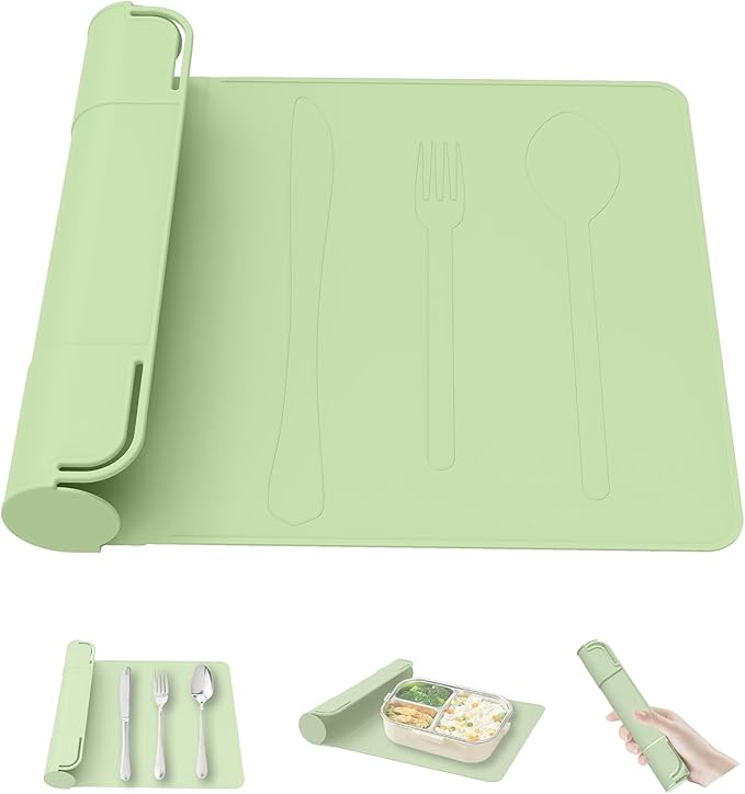 Utensil Box, Tableware Silicone Portable Box Silverware mat, Suitable for Kitchen Utensils, Portable Outdoor Camping Spoon Fork Utensils Storage mat (Green)