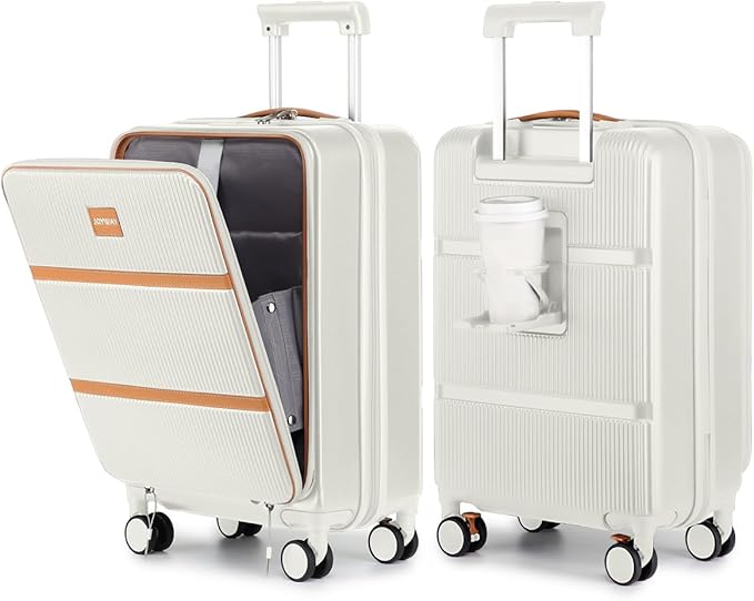 Joyway Carry on Luggage Airline Approved with Front Pocket, Hardside 20 Inch Travel Luggages with Cup Holder, Carry-on Suitcase with Spinner Wheels for Men and Women (White, 20 Inch)