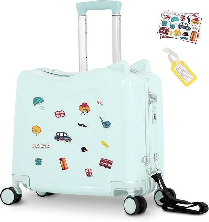 smilesun 20" Ride-On Travel Suitcase for Kids, Cute Ear Toddler Carry on Luggage with Spinner Wheels, Children Rolling Trolly Luggage with Combination Lock (Green with Rope)