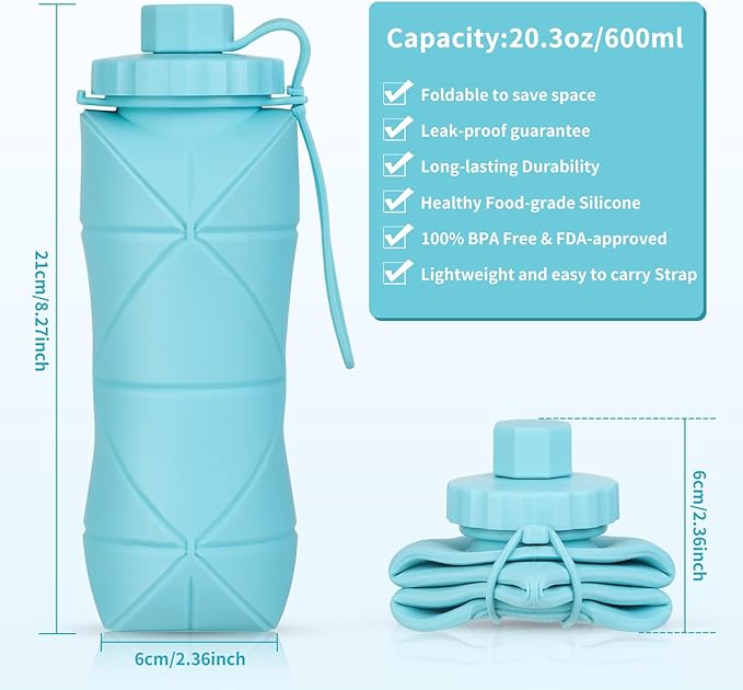 Silicone Collapsible Water Bottles,Lightweight Reusable Leakproof For Traveling Camping Hiking Cycling Sports Outdoor,Foldable Portable Travel Water Bottle 600ML Dark Grey 1Pack.