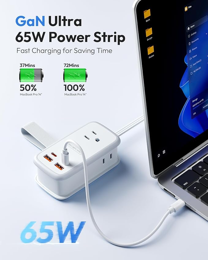 NTONPOWER GAN Ultra 65W USB Charging Station, 7 in 1 Travel Power Strip with 3 Outlets 4 USB (2 USB C), Extension Cord 4ft, Travel Essentials, Cruise Power Strip Compatible with MacBook, iPhone, White