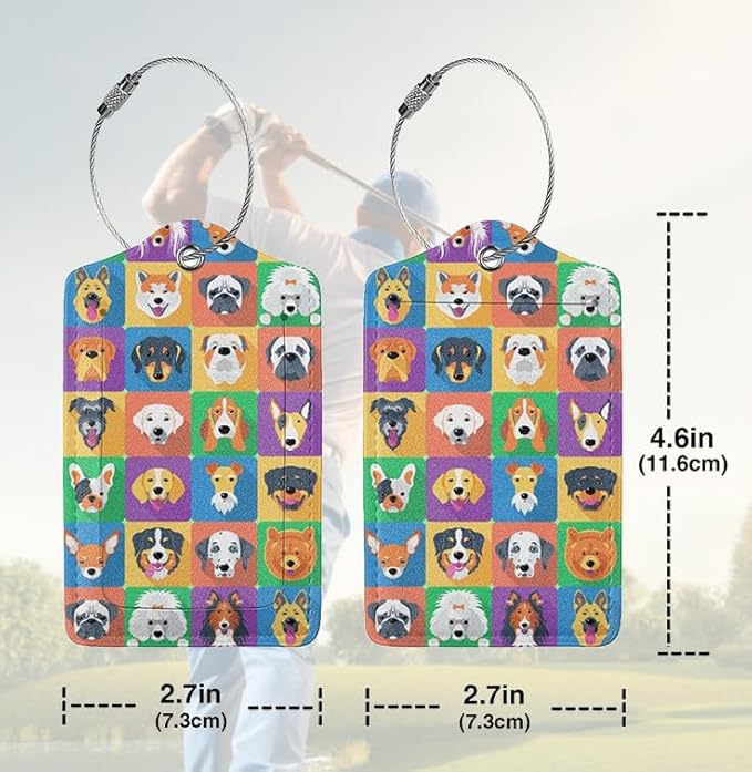 2 Pack Luggage Tags for suitcases Funny Cute Color Dog Luggage Tag, Leather Stainless Steel Loop Label Tag for Men Women Travel Bag Suitcase(Dog)