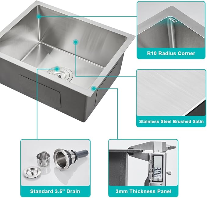 24 inch Undermount Kitchen Sink, 24 x 18 inch Single Bowl Stainless Steel Handmade Undermount Kitchen Sink with Sink Strainer, Brushed