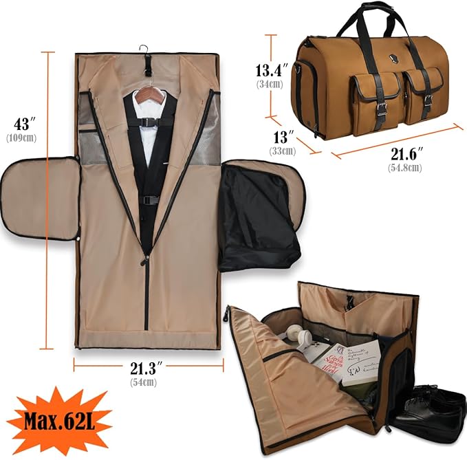 WELKINLAND 48H Garment Duffle Bags For Travel,10-Pockets Carry On Garment Bag, 3 Suit Travel Bags, 62L 2-In-1 Garment Duffel Bag, Convertible Garment bag, Boardable Garment Bag