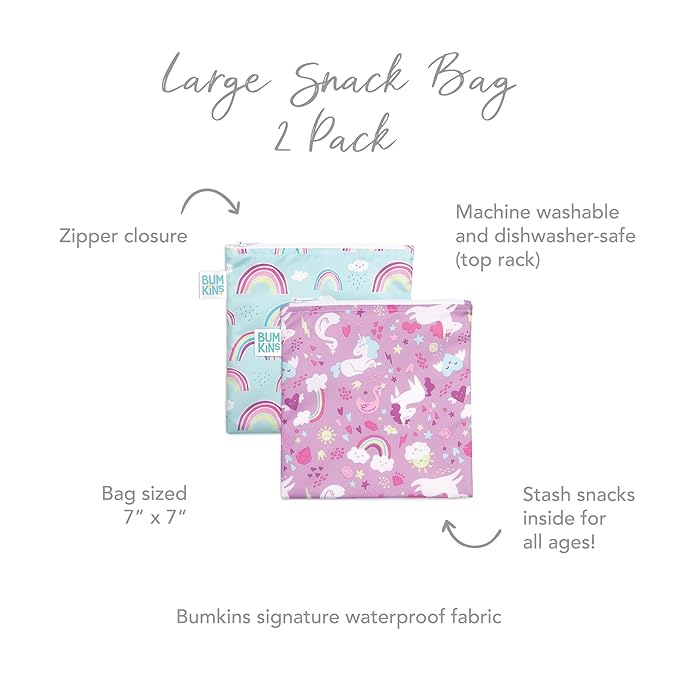 Bumkins Reusable Sandwich and Snack Bags, for Kids School Lunch and for Adults Portion, Washable Fabric, Waterproof Cloth Zip Bag, Travel Pouch, Food-Safe, Large 2-pk Unicorns and Rainbows