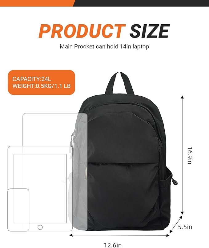 Multi-Pocket Laptop Backpack, 24L Capacity, Fits 14-inch Laptop, 16.9x12.6x5.5 inches, 1.1 lbs, Black/Navy/Gray (Black)