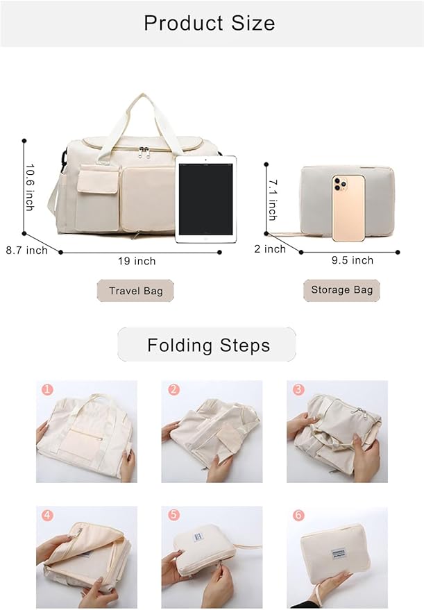Multipurpose 20L Foldable Duffel Bag Gym Yoga Bag Carry-On Shopping Sack Travel Organizer Cabin Bag Sundry Package Wet&Dry Compartment (Beige)