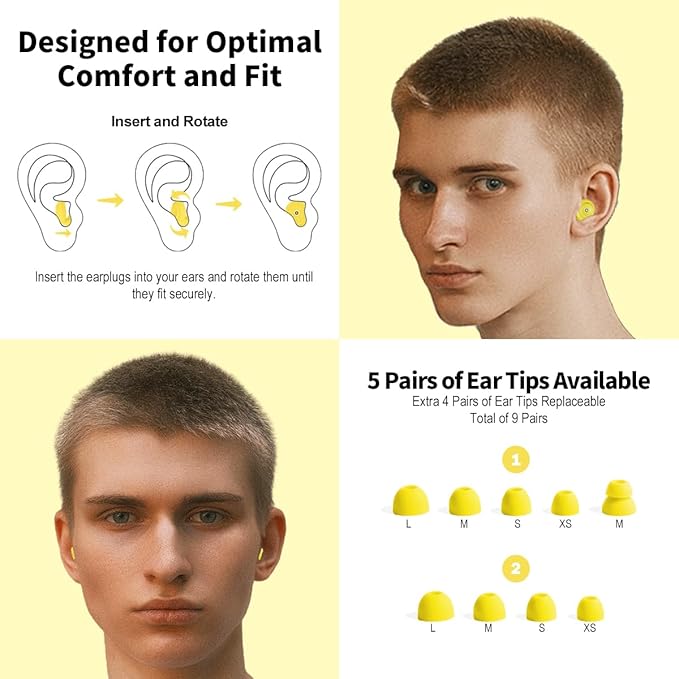 Ear Plugs for Sleeping Reusable Earplugs for Concerts Noise Cancelling Soft Silicone Noise Reduction Earbuds for Travel, Focus, Work 33-45dB Hearing Protection with 9 Ear Tips & Case (Yellow)