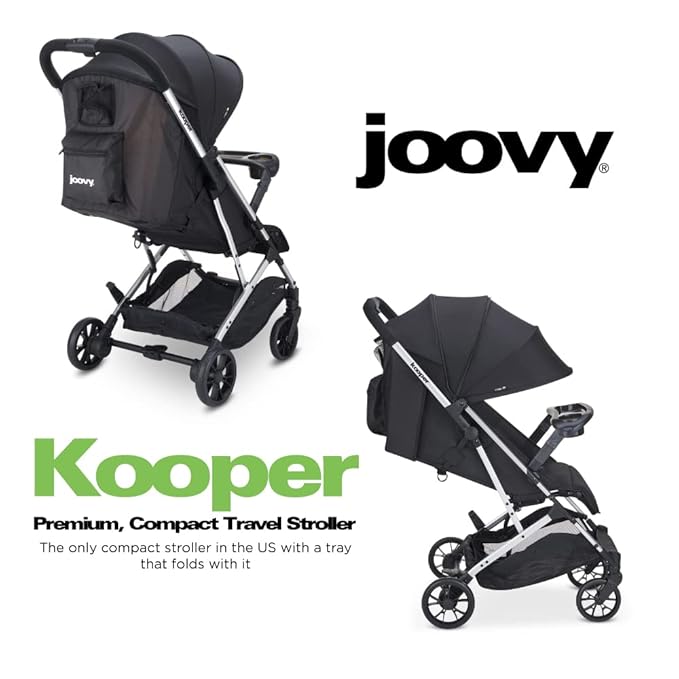Joovy Kooper Lightweight Baby Stroller Featuring Removable, Swing-Open Tray, Big Wheels, Reclining Seat with Footrest, Extra-Large Retractable Canopy, and Compact Fold (Black)