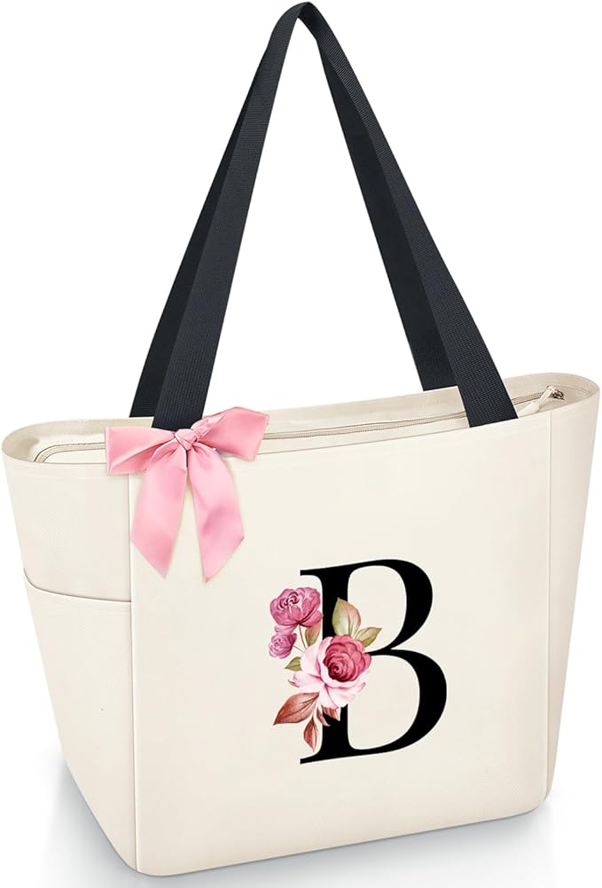 Vavabox Tote Bag, A-Z Initial Monogrammed Waterproof Tote Bag, Bridesmaid Gifts for Women, Black and Pink