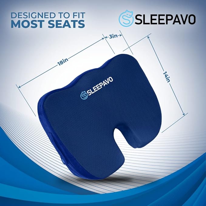 Sleepavo Office Chair Cushion - Seat Cushion for Tailbone Pain Relief - Butt Pillow for Coccyx, Sciatica, and Lower Back Pain - Orthopedic Chair Pad for Lumbar Support in Office Desk (Navy Blue)