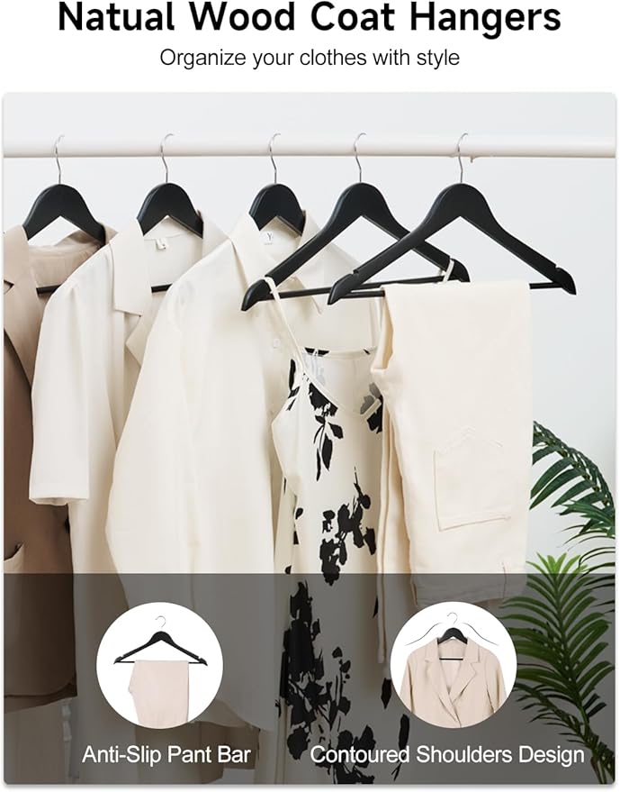 StorageWorks Black Wooden Hangers, 20 Pack Wood Hanger for Closet, Coat Hangers for Coats, Shirts, Pants, Suits