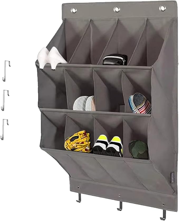Over the Door Shoe Organizer, Grey 12 Pockets Hanging Shoe Storage Rack with Large Deep Pockets, Oxford 600D Fabric Shoe Storage Rack with 6 hook for Shoes, Home Accessories etc