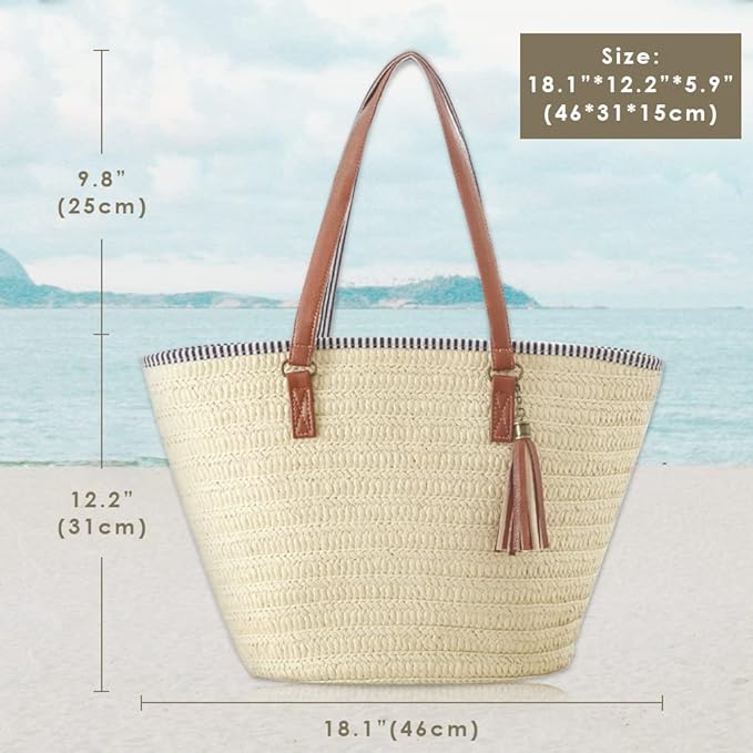 Pahajim Straw Beach Bags Tote Tassels Bag Hobo Summer Handwoven Shoulder Bags