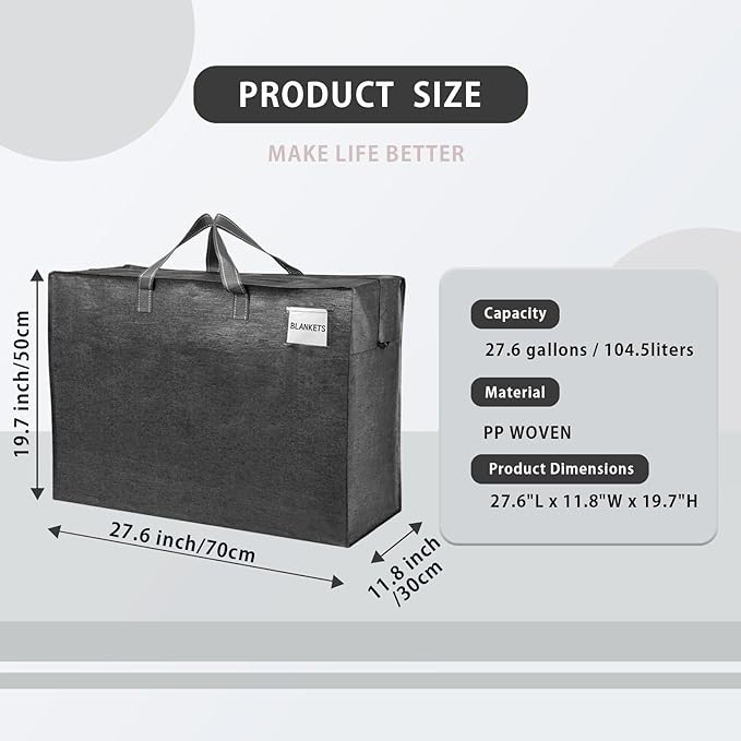 VENO 4 Pack Heavy Duty Moving Bags, Storage Bags, Packing Supplies, Top Zipper, Storage Totes for Camping, Clothes, Bedding, Comforters, Pillows (27 Gallon Dark Gray, 4 Pack)