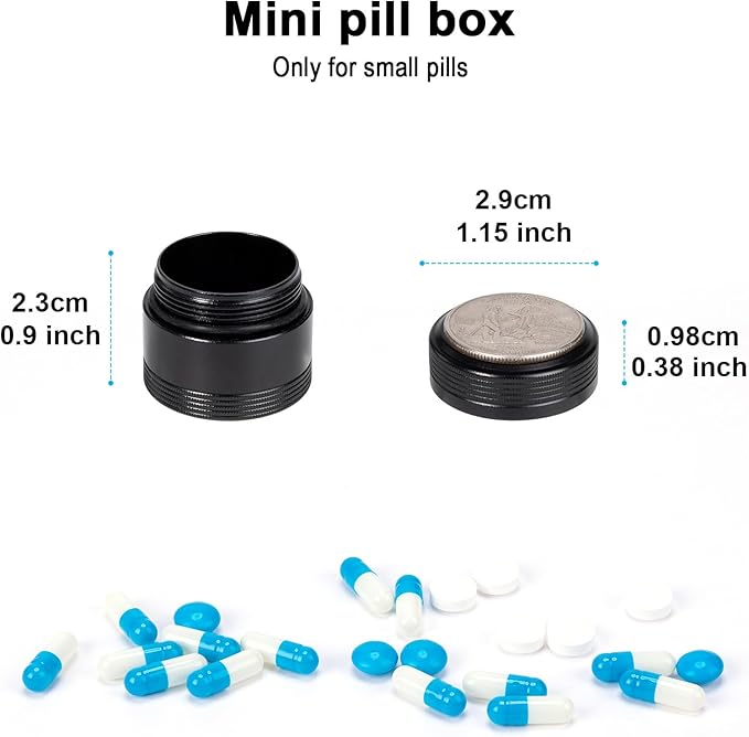 Metal Pill Box Pocket Purse Size - Waterproof Daily Pill Container, Single Aluminum Pill Case Portable Compact Round Medicine Organizer Pill Holder for Medication, Fish Oils Vitamins