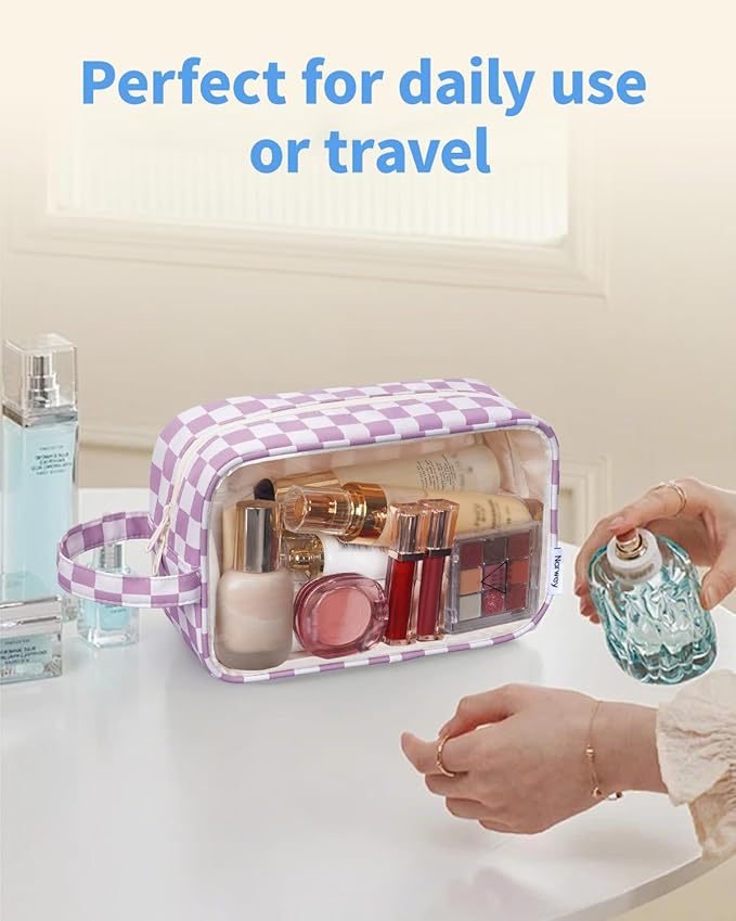 Narwey Clear Toiletry Bags for Traveling Women Men, Clear Travel Bags for Toiletries Makeup Bag Cosmetic Bag with Zipper, Make Up Organizer, Skincare Bag (Purple Checkerboard)