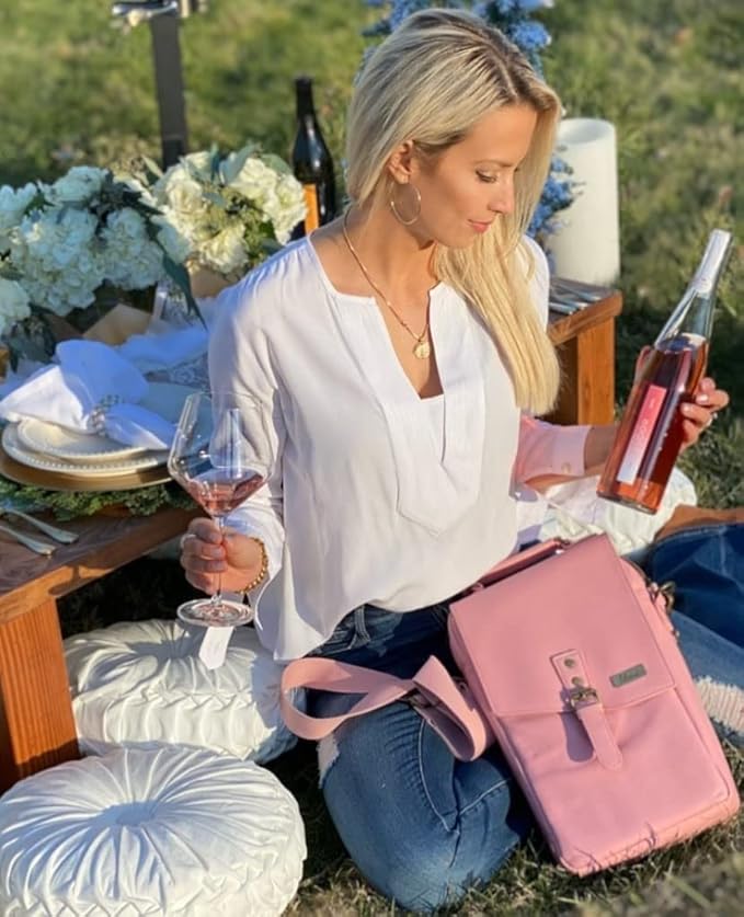 Insulated Genuine Leather Wine Bag With 2 Wine Tumblers. Best Travel Gifts For Women Wine Lovers. Wine Cooler Bag 2 Bottle Wine Carrier Set. Mom Birthday Gift Party Wife Picnic Pink Tote