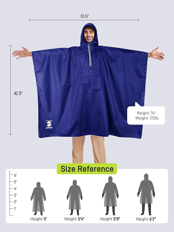 SaphiRose Hooded Rain Poncho Waterproof Raincoat Jacket for Men Women Adults