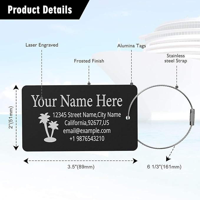 Luggage Tags for Suitcase - Personalized Engraved Metal Tag for Cruise Travel - Custom Name Tags Suitable for Bags and Backpacks Black