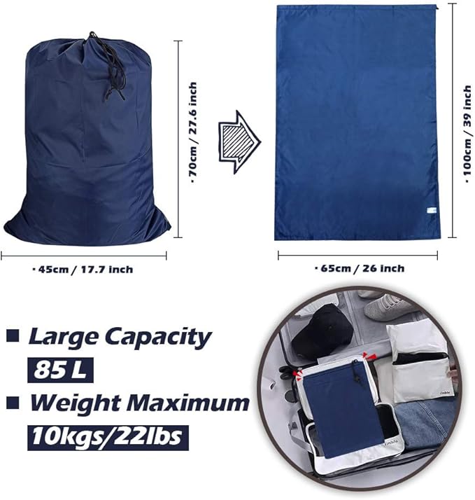 Washable Travel Laundry Bag with Drawstring (3 Pack), Large Dirty Clothes Bag Fit a Laundry Basket or Clothes Hamper, Enough to Hold 4 Loads of Laundry,26x39 inches Navy Blue 3