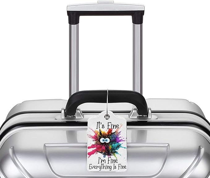 2 Pack Luggage Tags for suitcases Funny Cute I'm Fine It's Fine Luggage Tag, Leather Stainless Steel Loop Label Tag for Men Women Travel Bag Suitcase(White Fine)