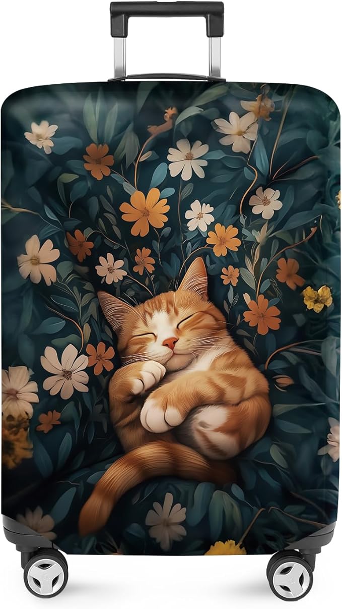 ANNA QUEEN Peaceful Cat Luggage Cover, Sleeping Cat with Floral Design, Stretchable, Washable Travel Sleeve for 28-30 Inch Luggage